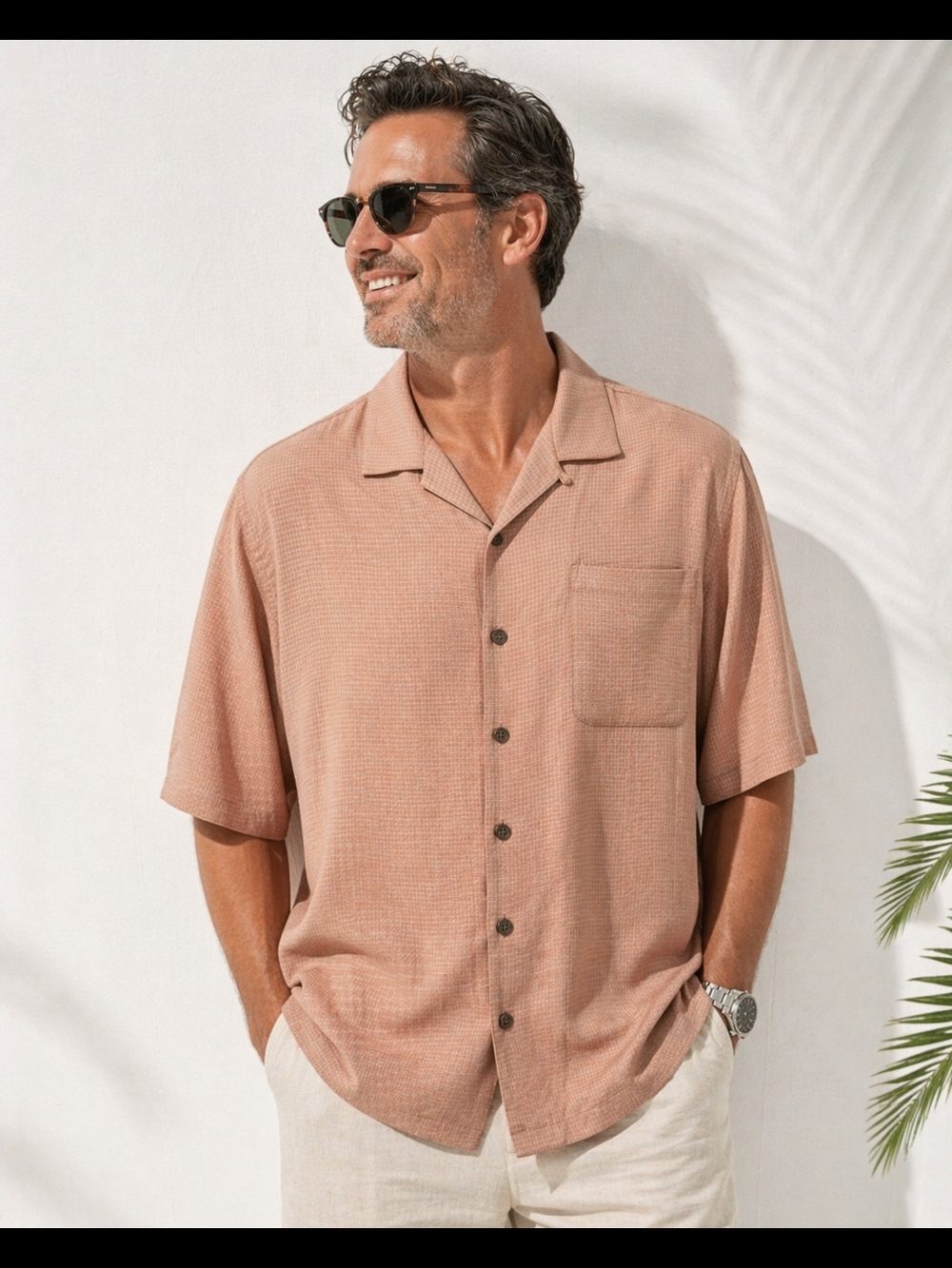 Tommy Bahama Men’s XL 100% Silk Button Front Camp Shirt Tan Short Sleeve